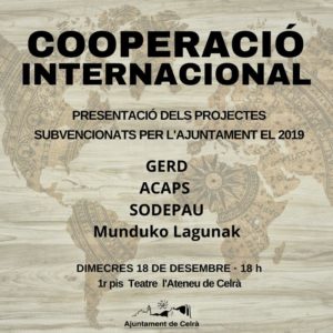 Cartell de l'acte de presentació dels projectes de cooperació que tindrà lloc el dia 18 a l'Ateneu.