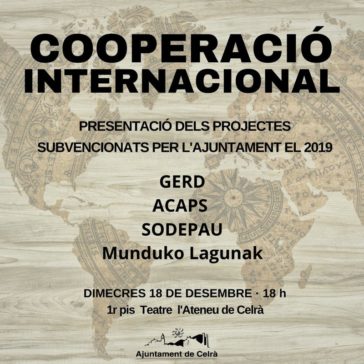 Cartell de l'acte de presentació dels projectes de cooperació que tindrà lloc el dia 18 a l'Ateneu.
